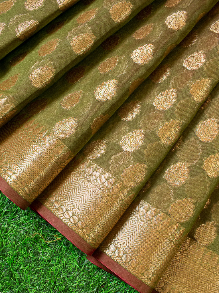 Banarasi Semi Silk Saree With Zari Buti Weaving -Mehndi Green