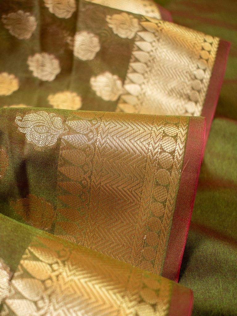 Banarasi Semi Silk Saree With Zari Buti Weaving -Mehndi Green