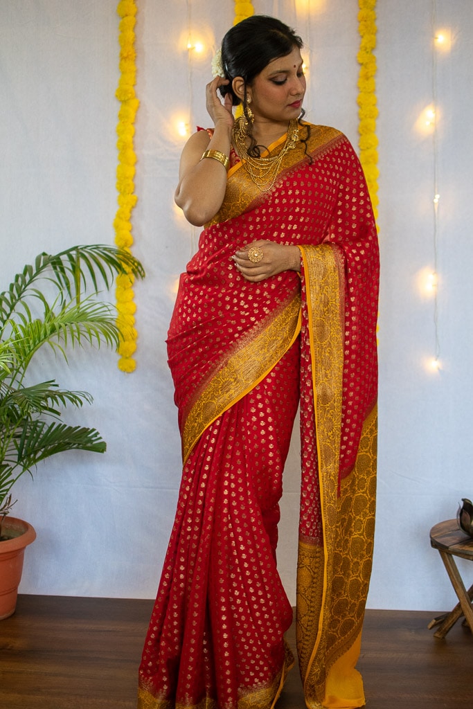 Banarasi Pure Georgette Saree With Antique Zari Buti Weaving & Contrast Border-Red & Yellow