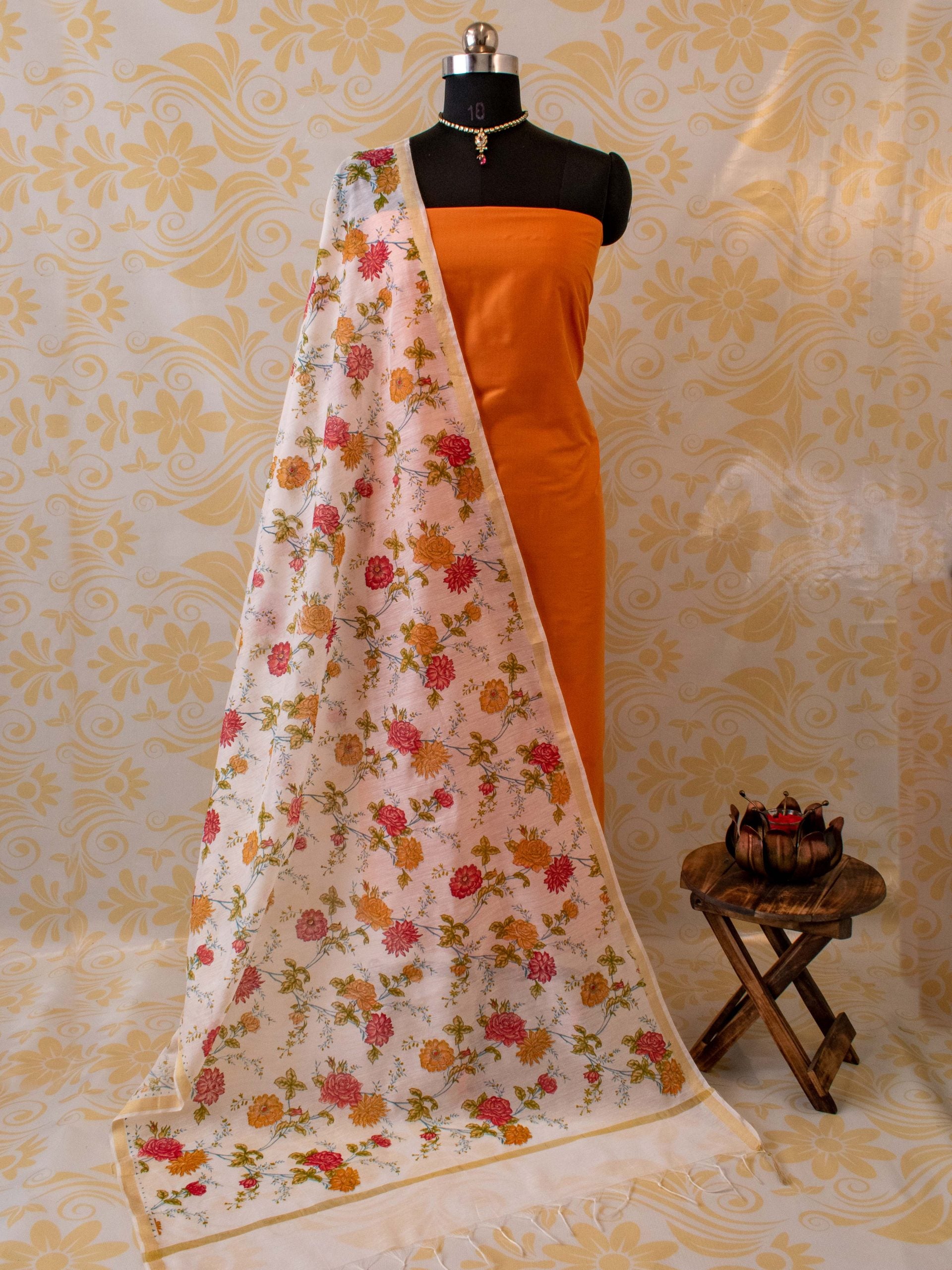 Banarasi Plain Cotton Salwar Kameez With Floral Printed Dupatta-Orange