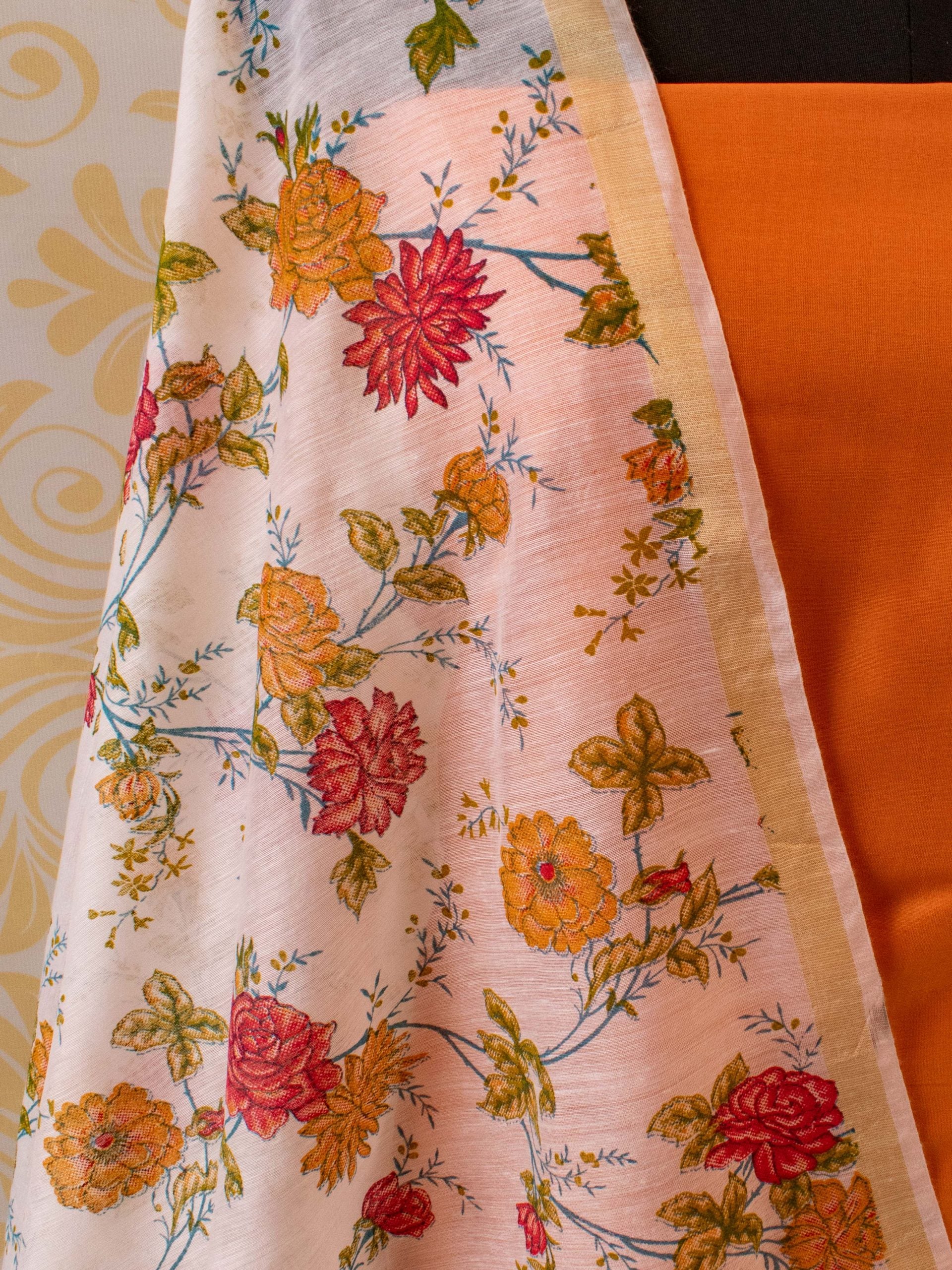 Banarasi Plain Cotton Salwar Kameez With Floral Printed Dupatta-Orange