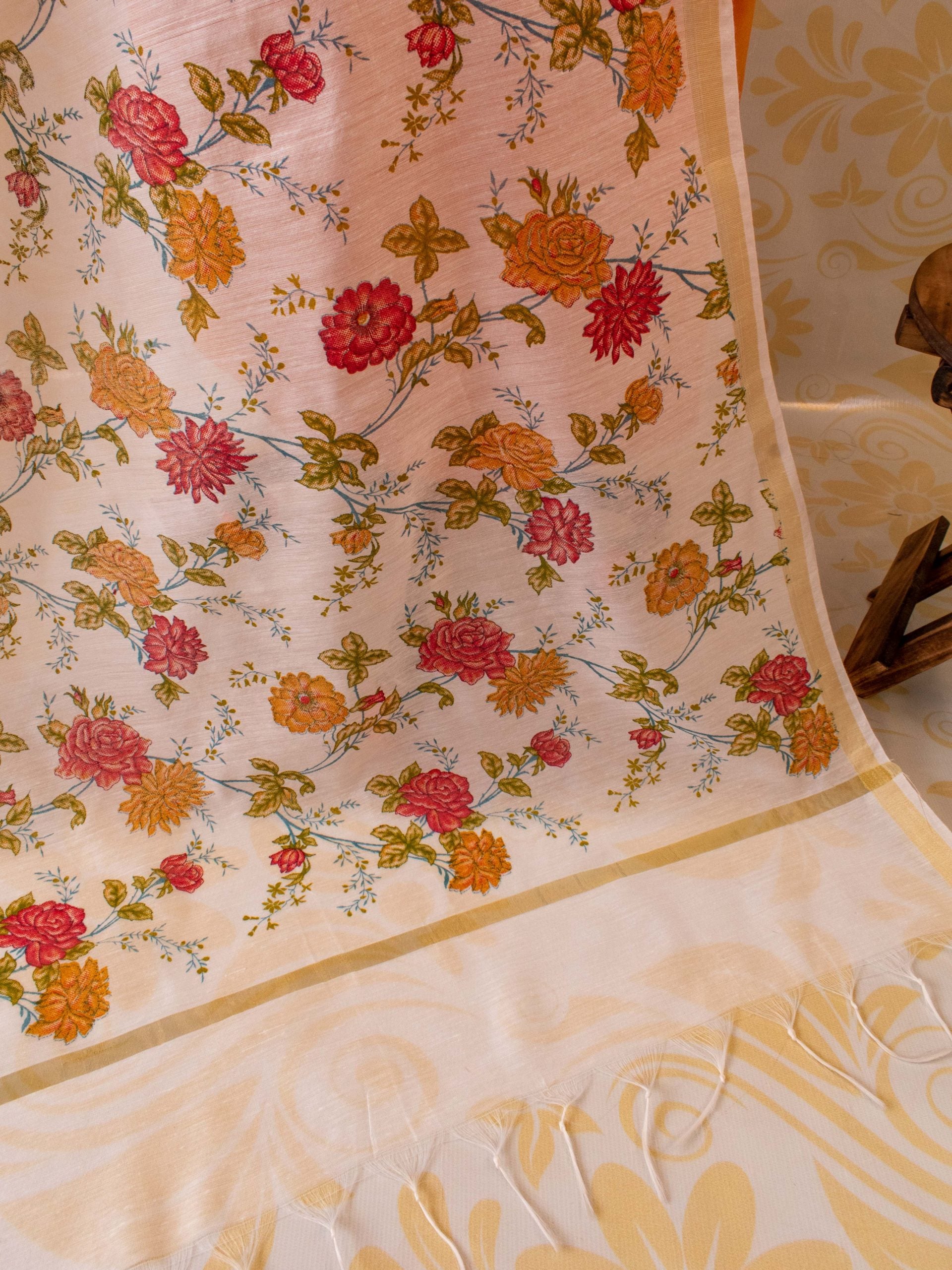 Banarasi Plain Cotton Salwar Kameez With Floral Printed Dupatta-Orange