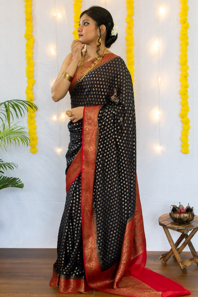 Banarasi Pure Georgette Saree With Antique Zari Buti Weaving & Contrast Border-Black & Red