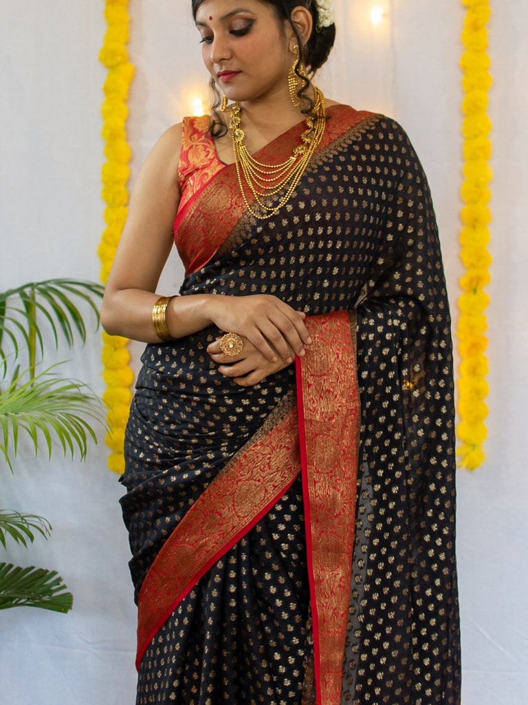 Banarasi Pure Georgette Saree With Antique Zari Buti Weaving & Contrast Border-Black & Red
