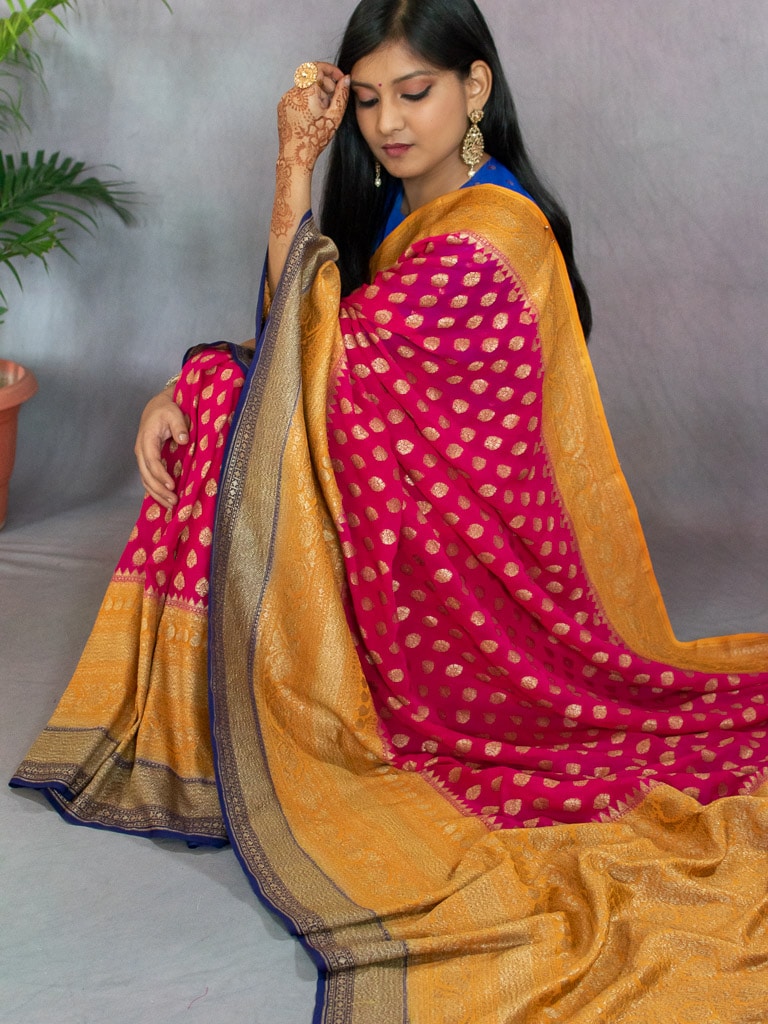 Banarasi Pure Georgette Saree With Antique Zari Buti Weaving & Contrast Border-Pink