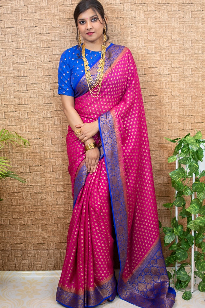 Banarasi Pure Georgette Saree With Antique Zari Buti Weaving & Contrast Border-Pink & Blue