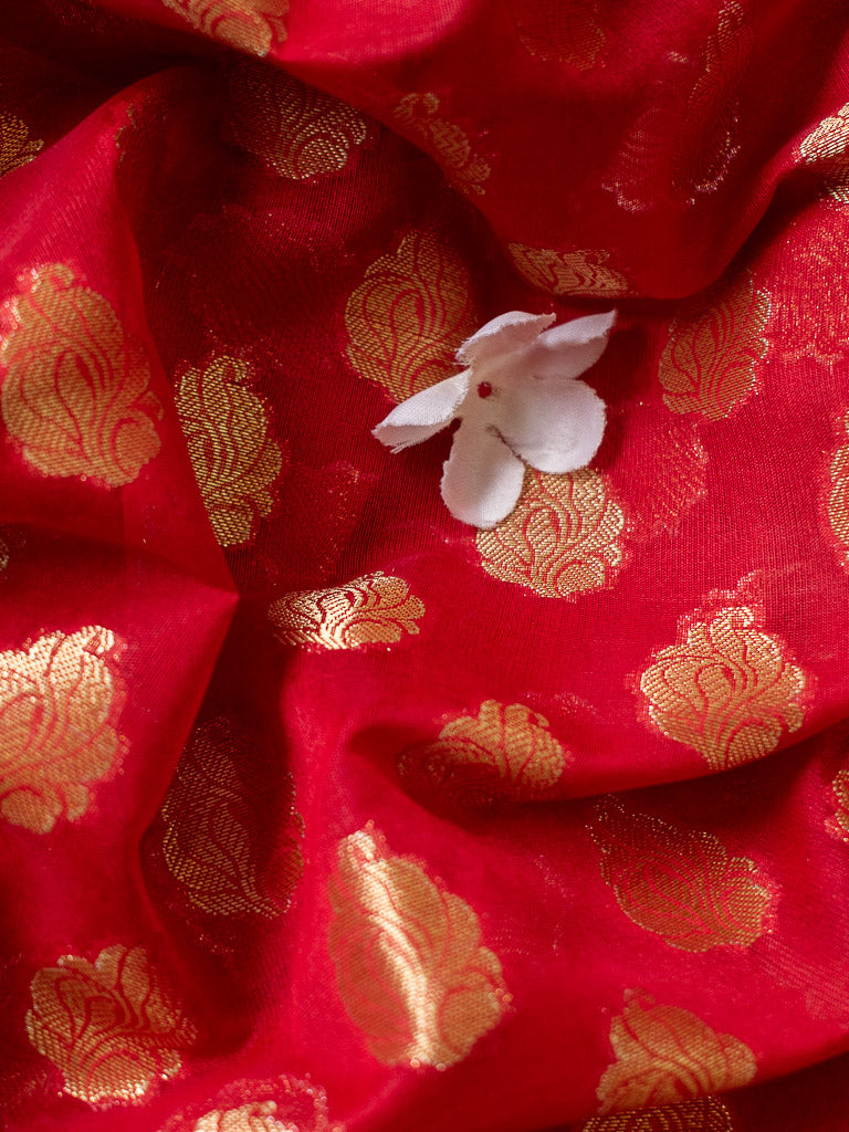 Banarasi Semi Silk Saree With Zari Buti Weaving-Red