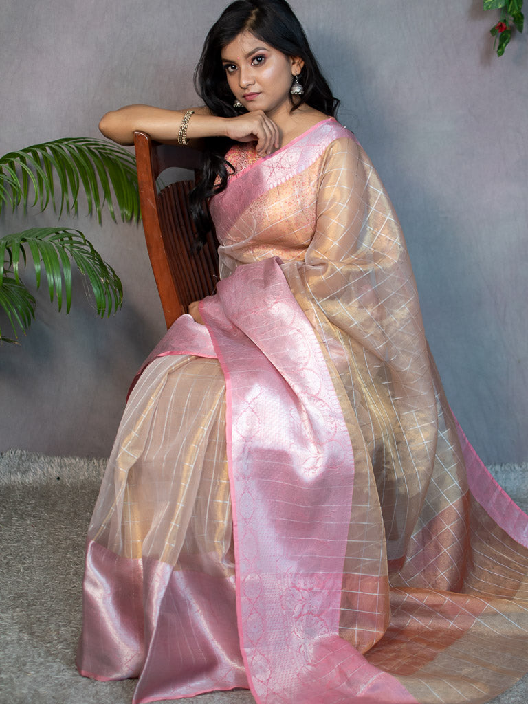 Zari Organza Banarasi Silk Saree For Woman In Powder Grey With offers Pink Contrast Skirt Border.Saree With Blouse Party Saree Fancy Saree Organza