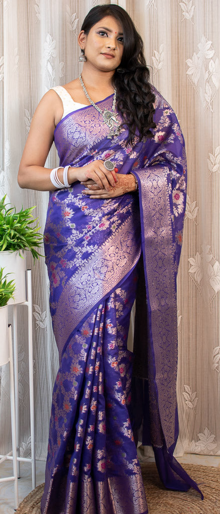 Banarasi Semi Silk Saree With Jaal Zari & Meena Weaving-Deep Purple