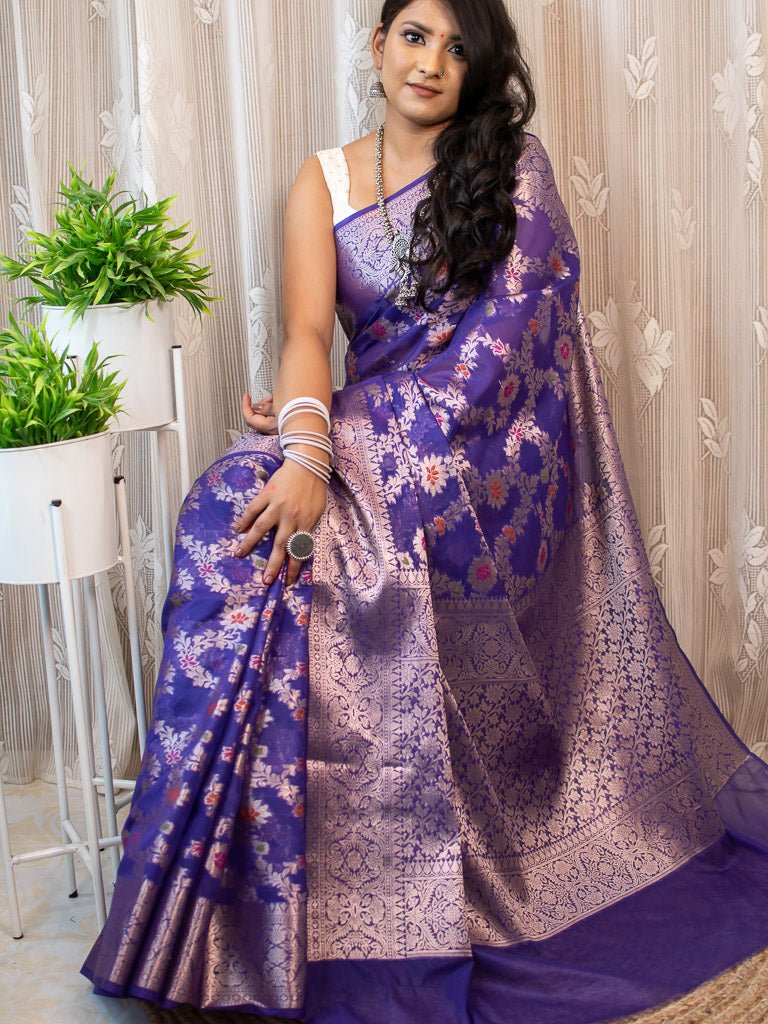 Banarasi Semi Silk Saree With Jaal Zari & Meena Weaving-Deep Purple