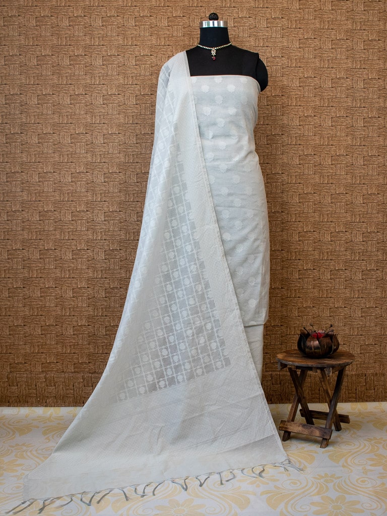 Banarasi Salwar Kameez Soft Cotton Rasham Weaving Fabric With Dupatta-Grey