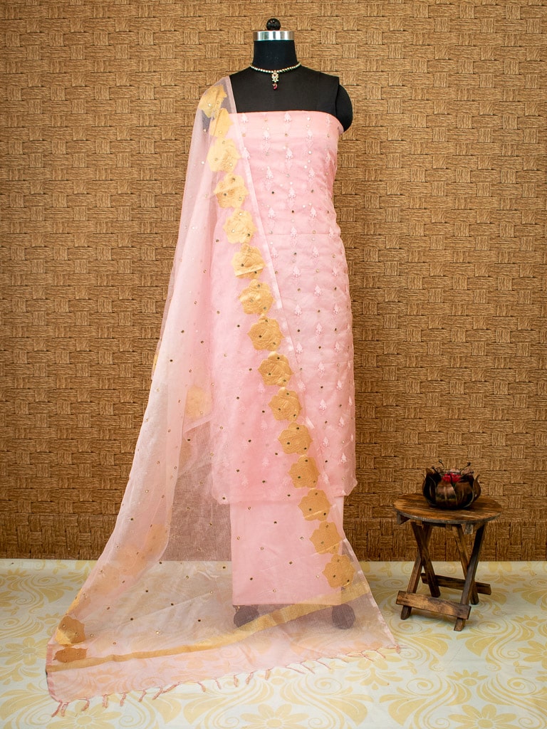 Banarasi Salwar Kameez Soft Cotton Rasham Weaving Embroidered Fabric With Dupatta-Pink