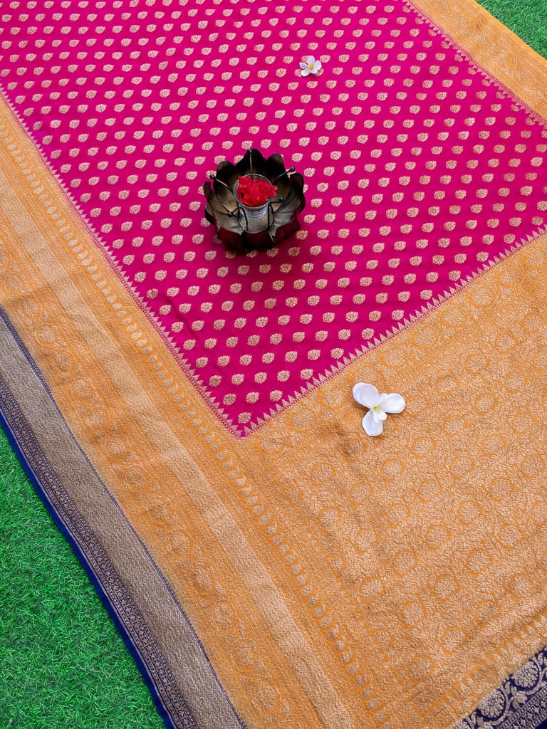 Banarasi Pure Georgette Saree With Antique Zari Buti Weaving & Contrast Border-Pink