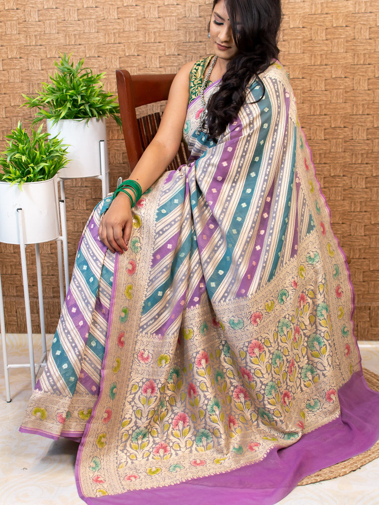 Banarasi Pure Khaddi Georgette Saree With Aada Zari Weaving & Handpainted Border-Purple