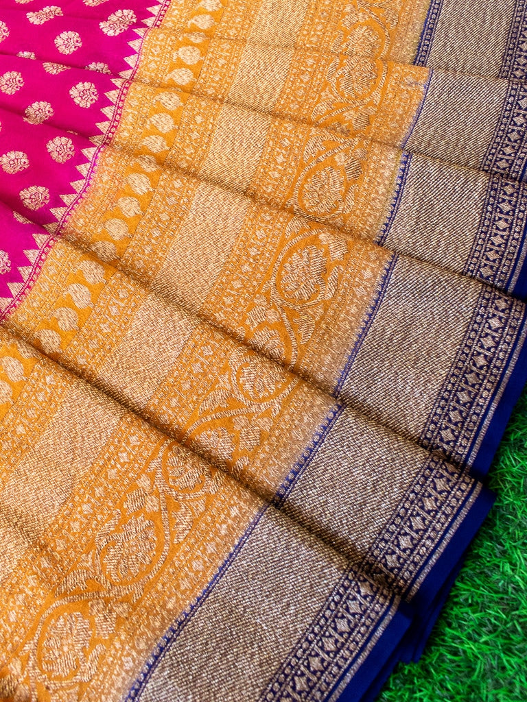 Banarasi Pure Georgette Saree With Antique Zari Buti Weaving & Contrast Border-Pink