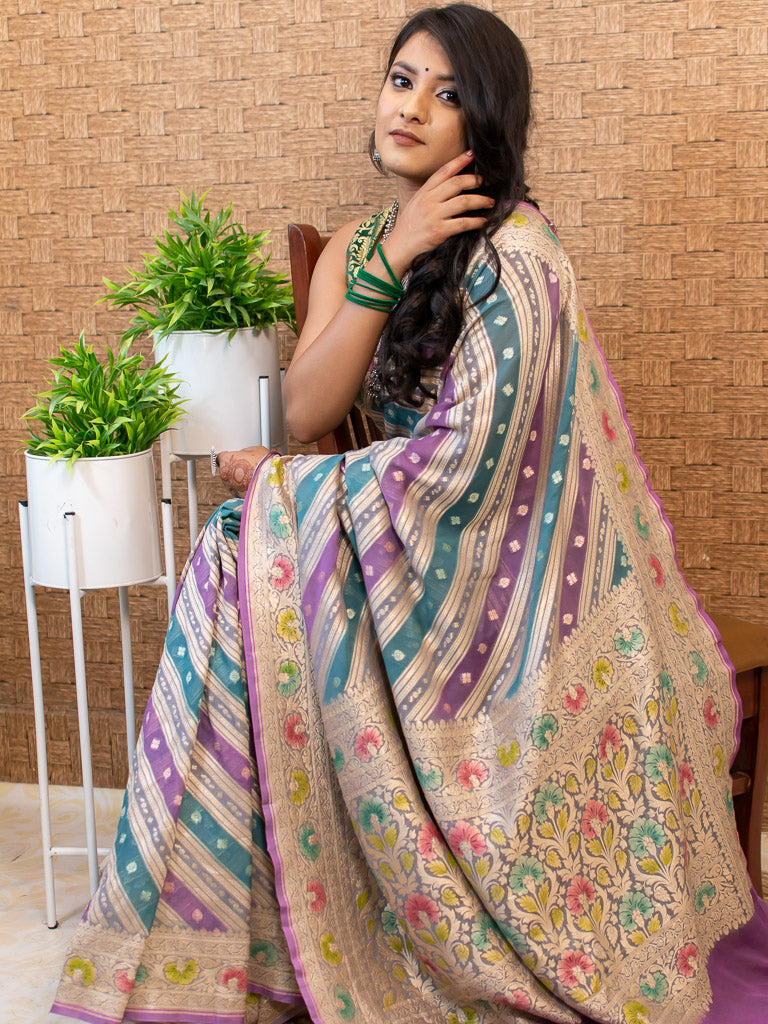Banarasi Pure Khaddi Georgette Saree With Aada Zari Weaving & Handpainted Border-Purple