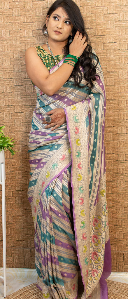 Banarasi Pure Khaddi Georgette Saree With Aada Zari Weaving & Handpainted Border-Purple