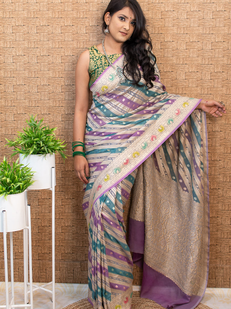 Banarasi Pure Khaddi Georgette Saree With Aada Zari Weaving & Handpainted Border-Purple