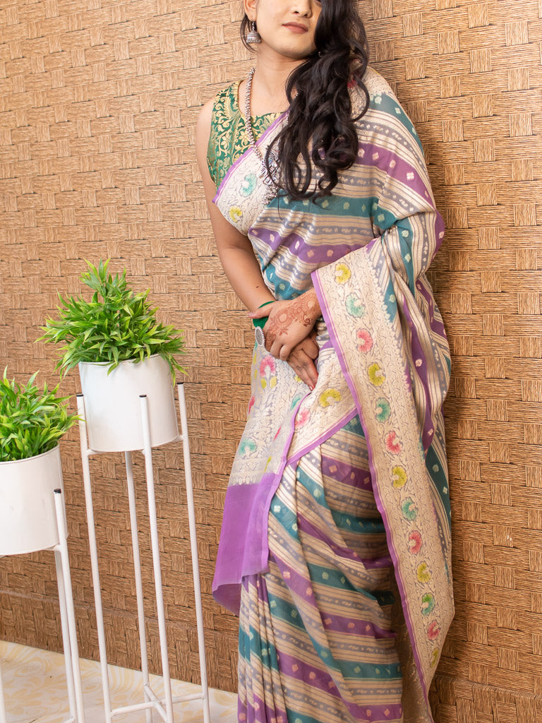 Banarasi Pure Khaddi Georgette Saree With Aada Zari Weaving & Handpainted Border-Purple