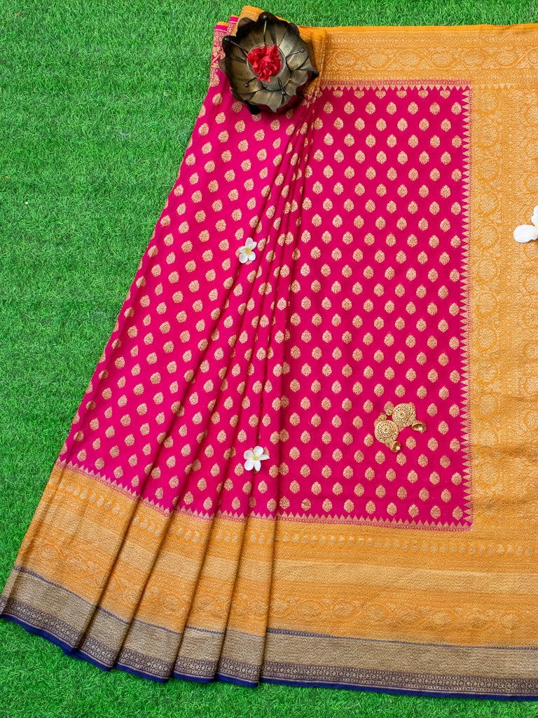 Banarasi Pure Georgette Saree With Antique Zari Buti Weaving & Contrast Border-Pink