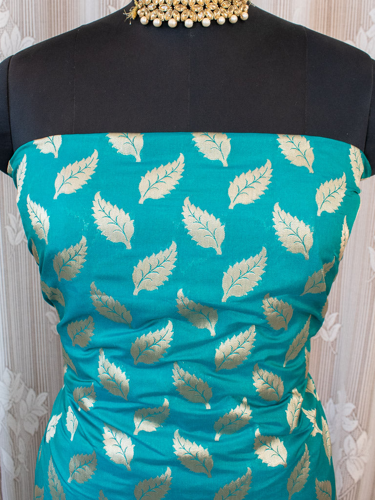 Banarasi Art katan Silk Leaf Buti Salwar Kameez Fabric With Dupatta-Teal Blue