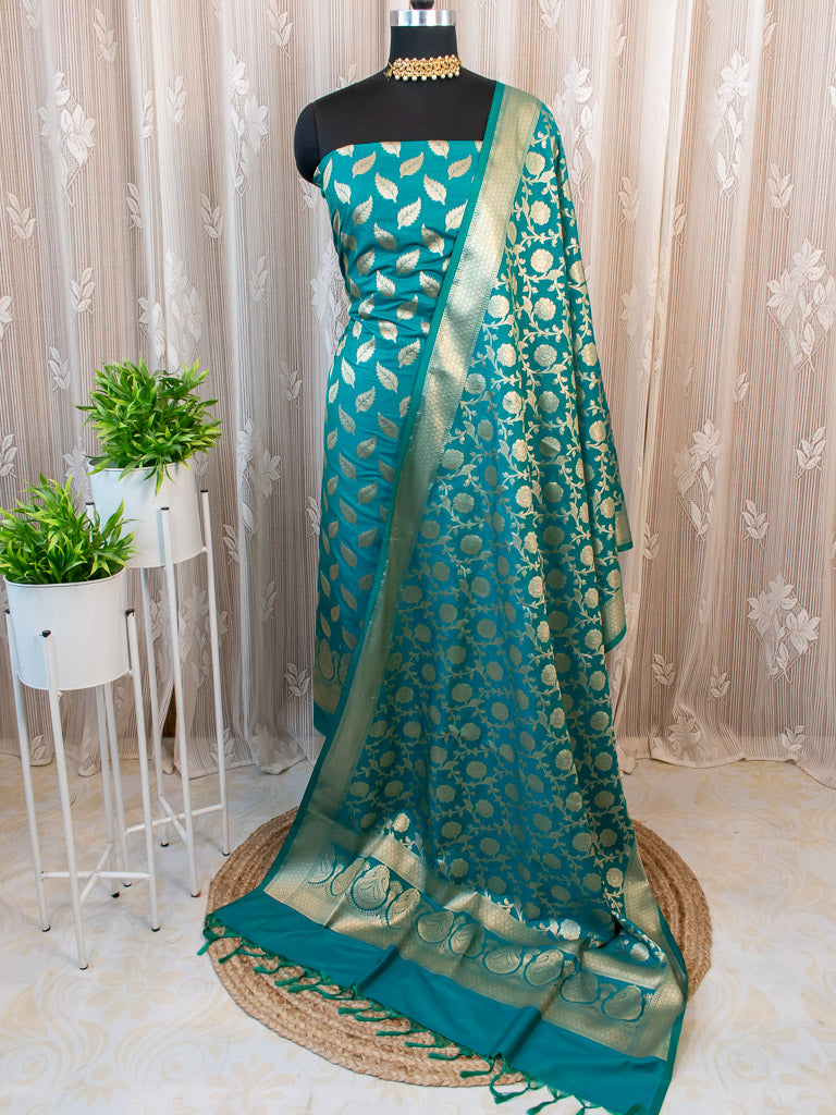 Banarasi Art katan Silk Leaf Buti Salwar Kameez Fabric With Dupatta-Teal Blue