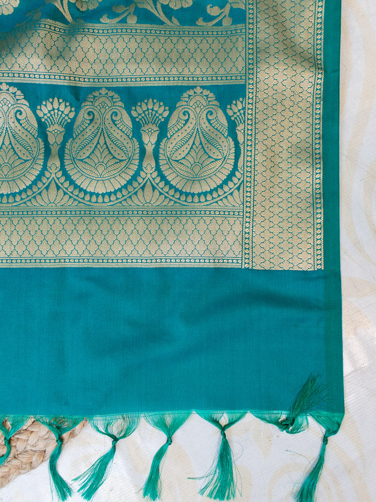 Banarasi Art katan Silk Leaf Buti Salwar Kameez Fabric With Dupatta-Teal Blue