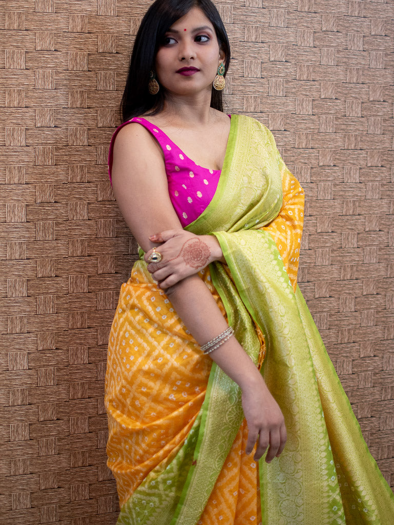 Banarasi Semi Silk Bandhini Saree With Zari Jaal Weaving-Yellow & Green