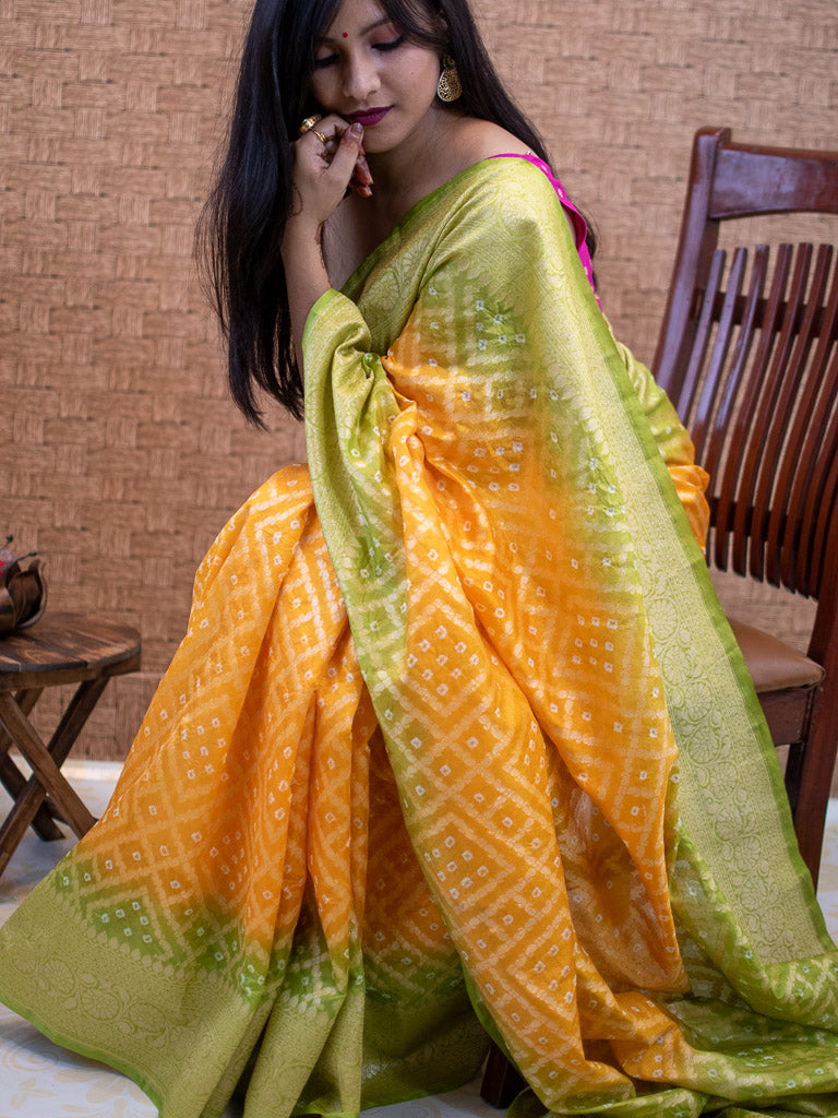 Banarasi Semi Silk Bandhini Saree With Zari Jaal Weaving-Yellow & Green