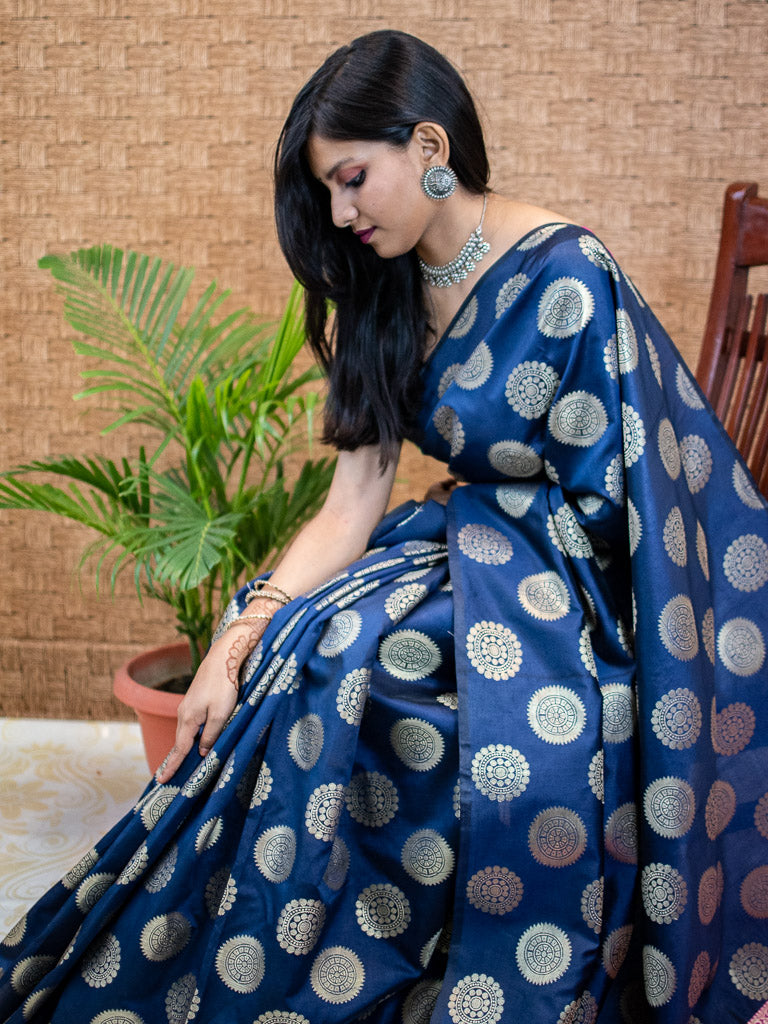 Banarasi Semi Silk Saree With Round Buta & Contrast Pallu-Blue & Pink