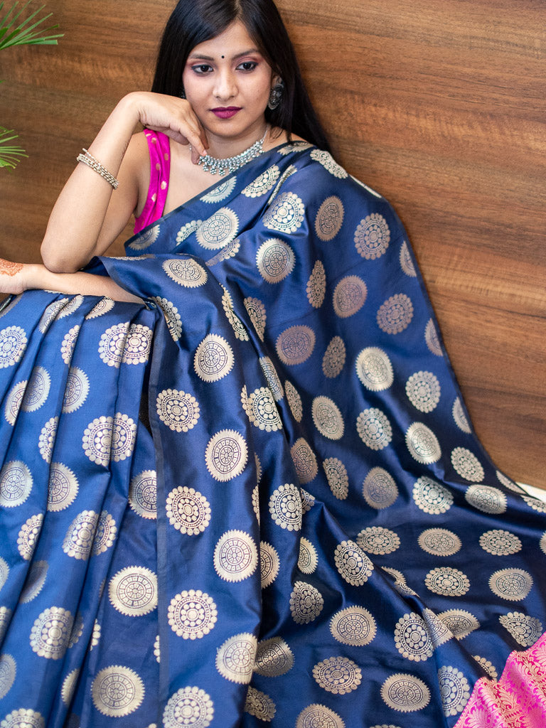 Banarasi Semi Silk Saree With Round Buta & Contrast Pallu-Blue & Pink