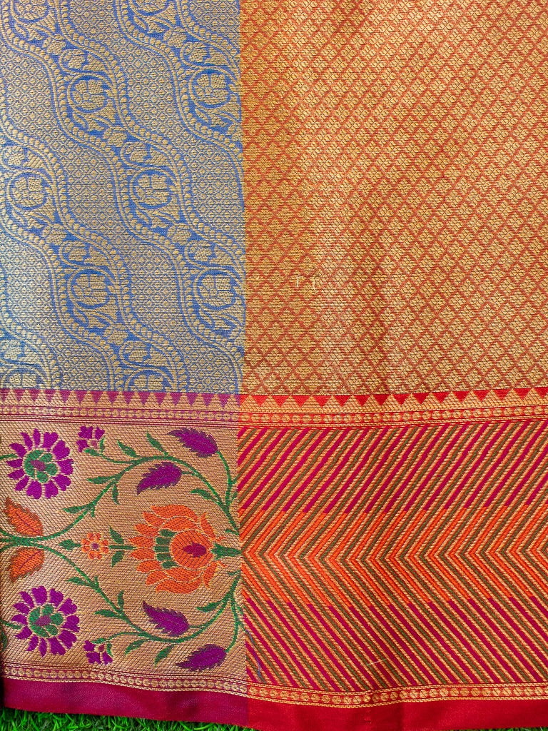 Banarasi Kora Muslin Saree With Tanchoi Weaving & Contrast Border-Blue