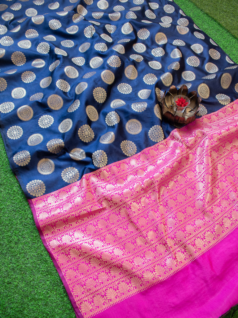Banarasi Semi Silk Saree With Round Buta & Contrast Pallu-Blue & Pink