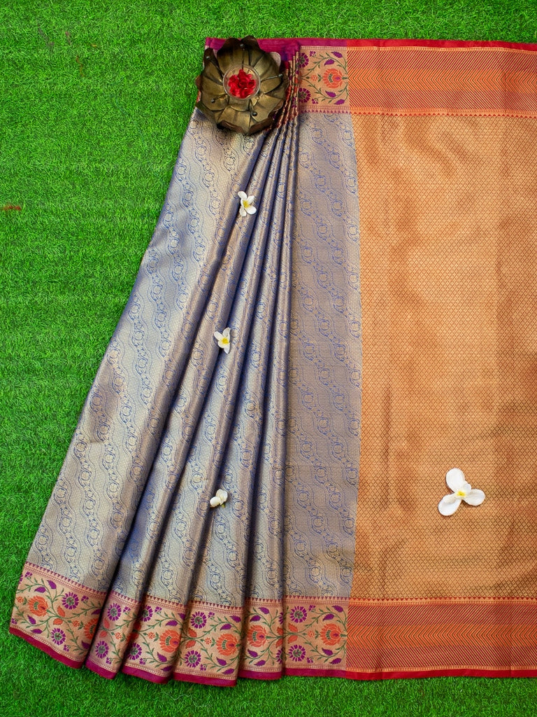 Banarasi Kora Muslin Saree With Tanchoi Weaving & Contrast Border-Blue