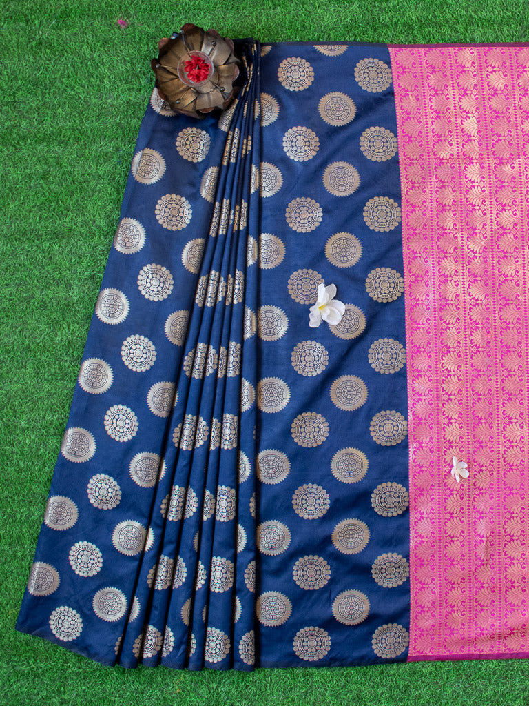 Banarasi Semi Silk Saree With Round Buta & Contrast Pallu-Blue & Pink