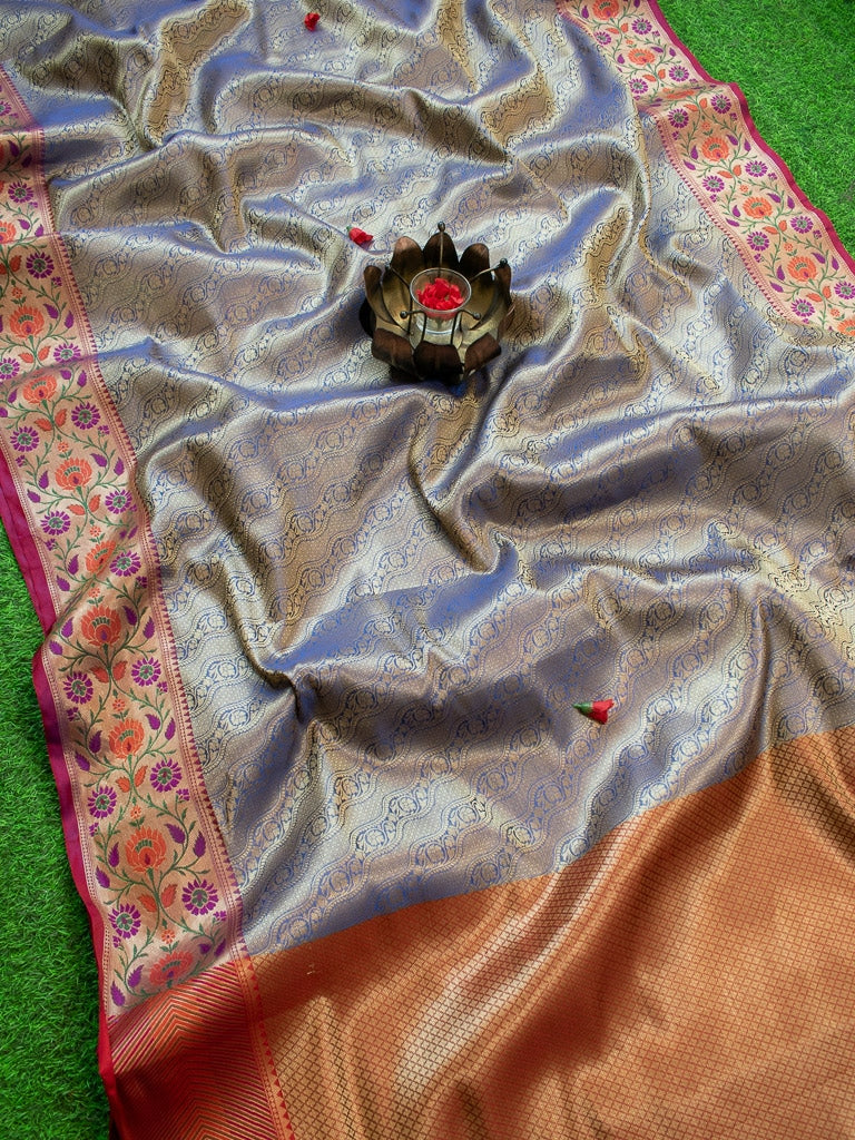 Banarasi Kora Muslin Saree With Tanchoi Weaving & Contrast Border-Blue