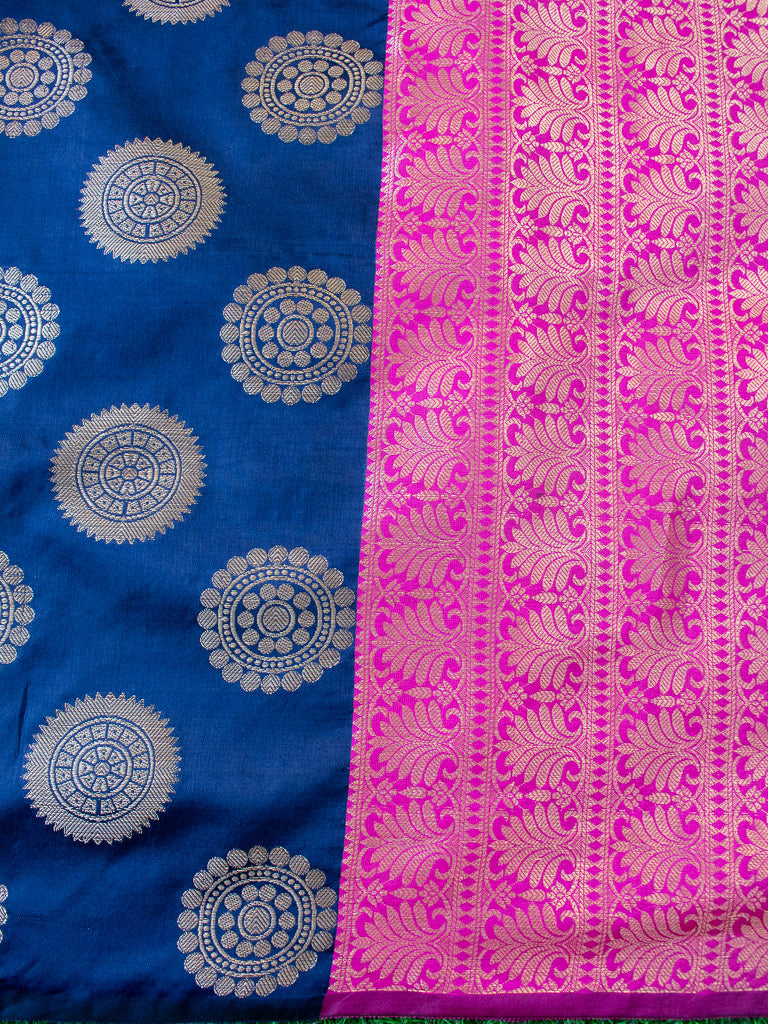 Banarasi Semi Silk Saree With Round Buta & Contrast Pallu-Blue & Pink