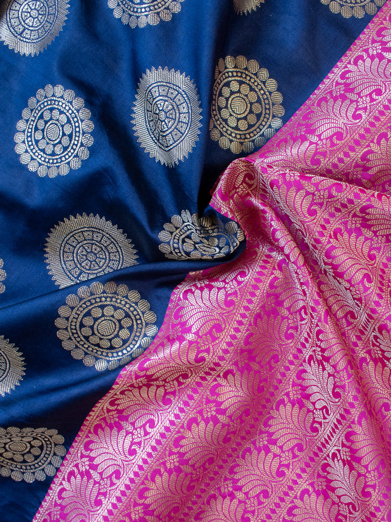 Banarasi Semi Silk Saree With Round Buta & Contrast Pallu-Blue & Pink