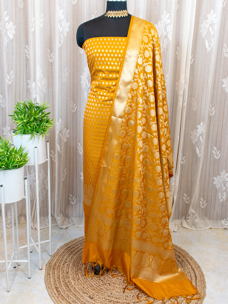 Banarasi Art katan Silk Salwar Kameez Fabric With Jaal Dupatta-Mustard Yellow