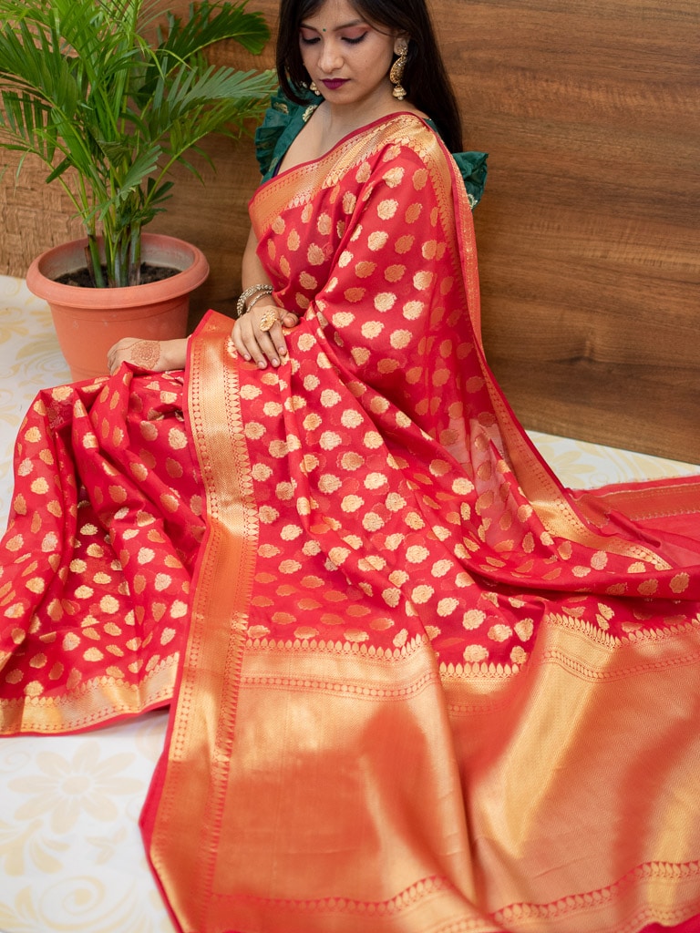 Banarasi Semi Silk Saree With Zari Buti Weaving-Red