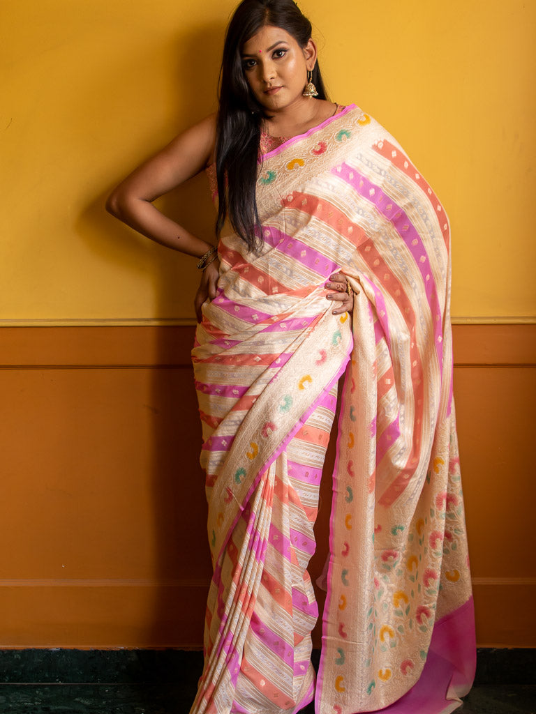 Banarasi Pure Khaddi Georgette Saree With Aada Zari Weaving & Handpainted Border-White & Pink