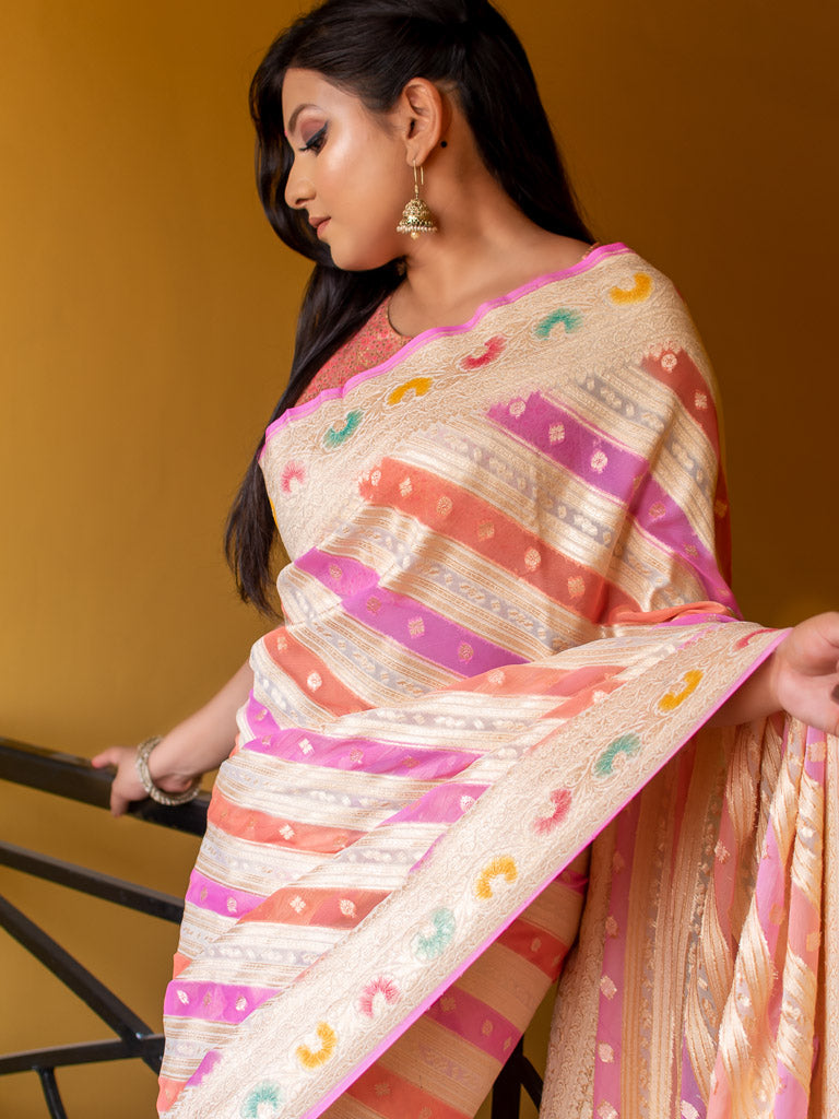 Banarasi Pure Khaddi Georgette Saree With Aada Zari Weaving & Handpainted Border-White & Pink