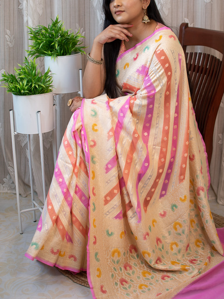 Banarasi Pure Khaddi Georgette Saree With Aada Zari Weaving & Handpainted Border-White & Pink