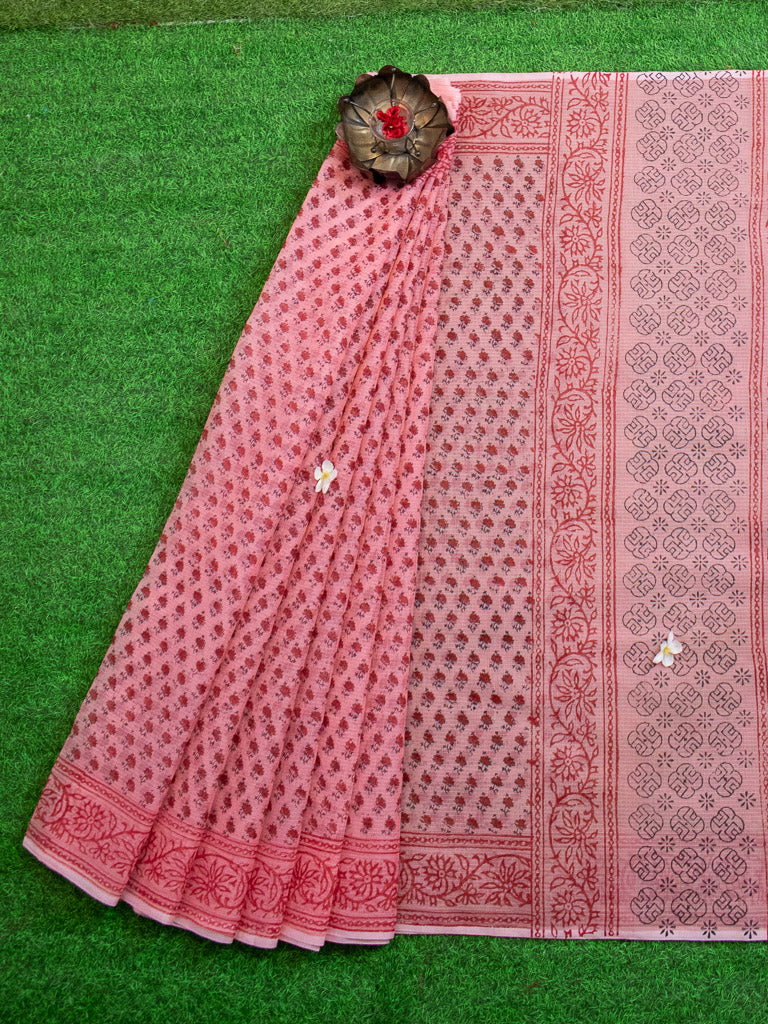 Banarasi Kota Check Block Printed Saree-Pink