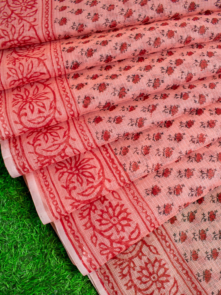 Banarasi Kota Check Block Printed Saree-Pink