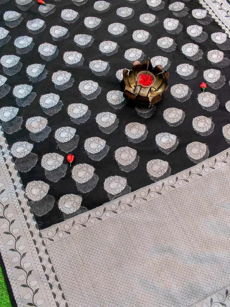 Banarasi Organza Mix Saree Silver Zari Weaving-Black