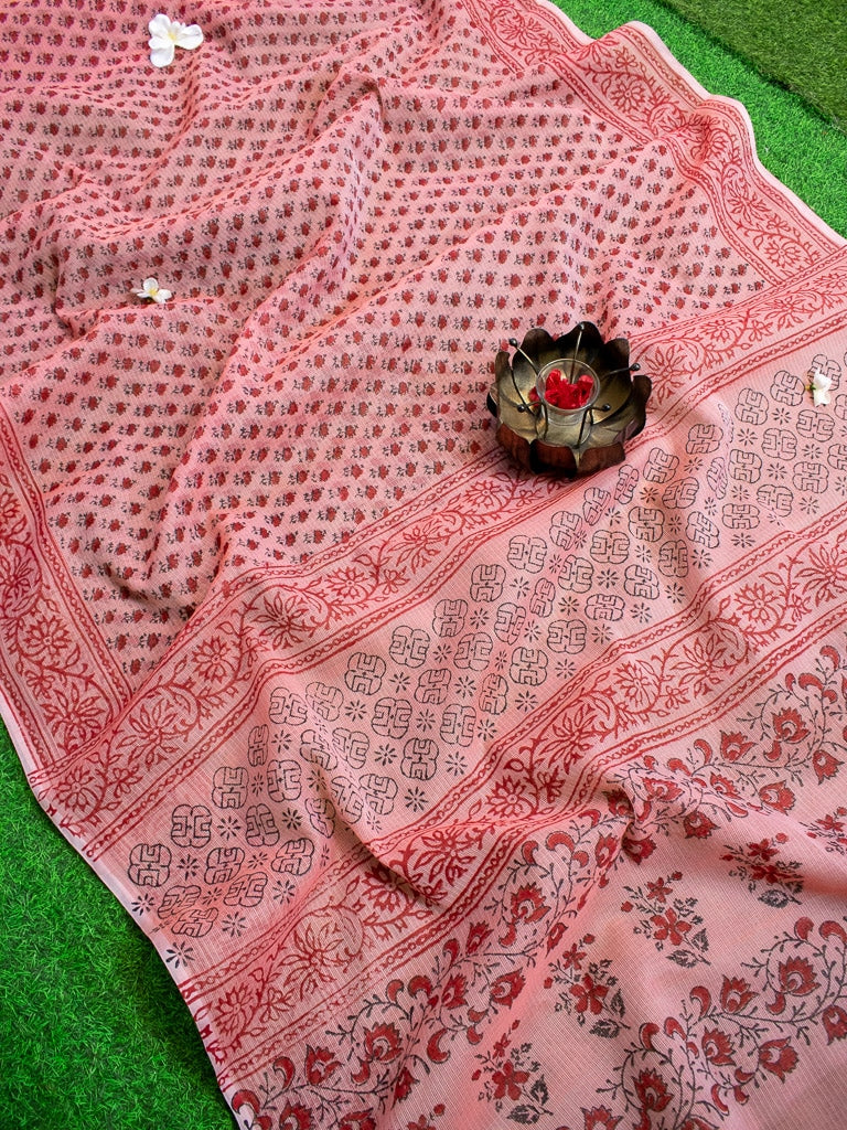 Banarasi Kota Check Block Printed Saree-Pink