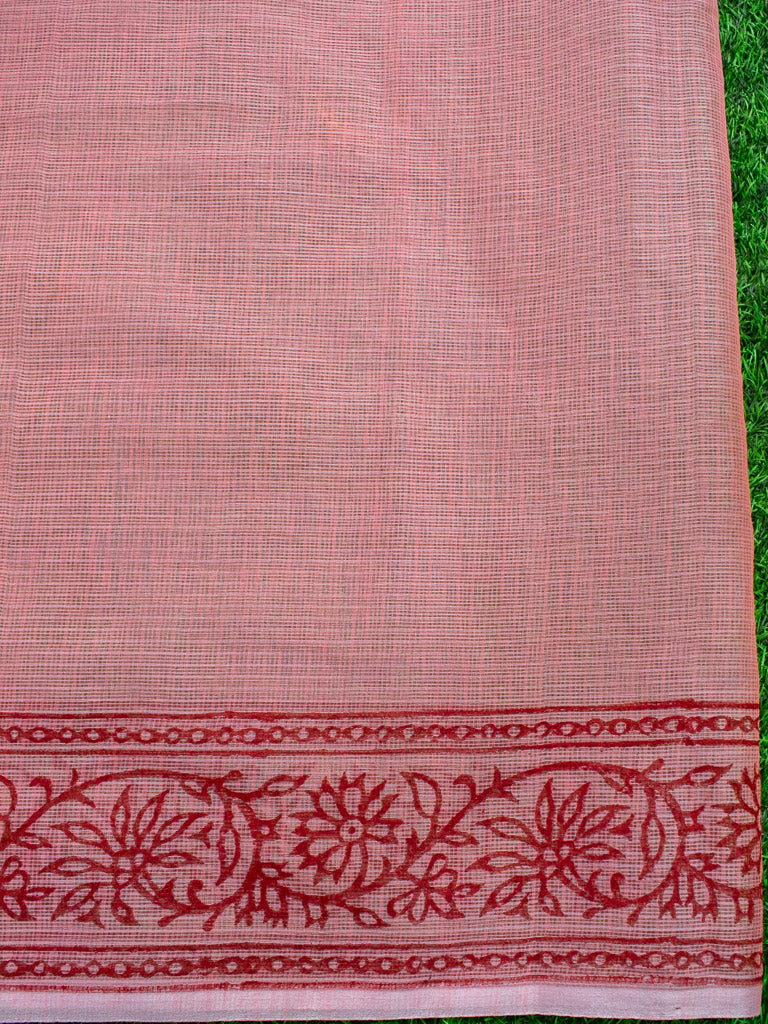 Banarasi Kota Check Block Printed Saree-Pink