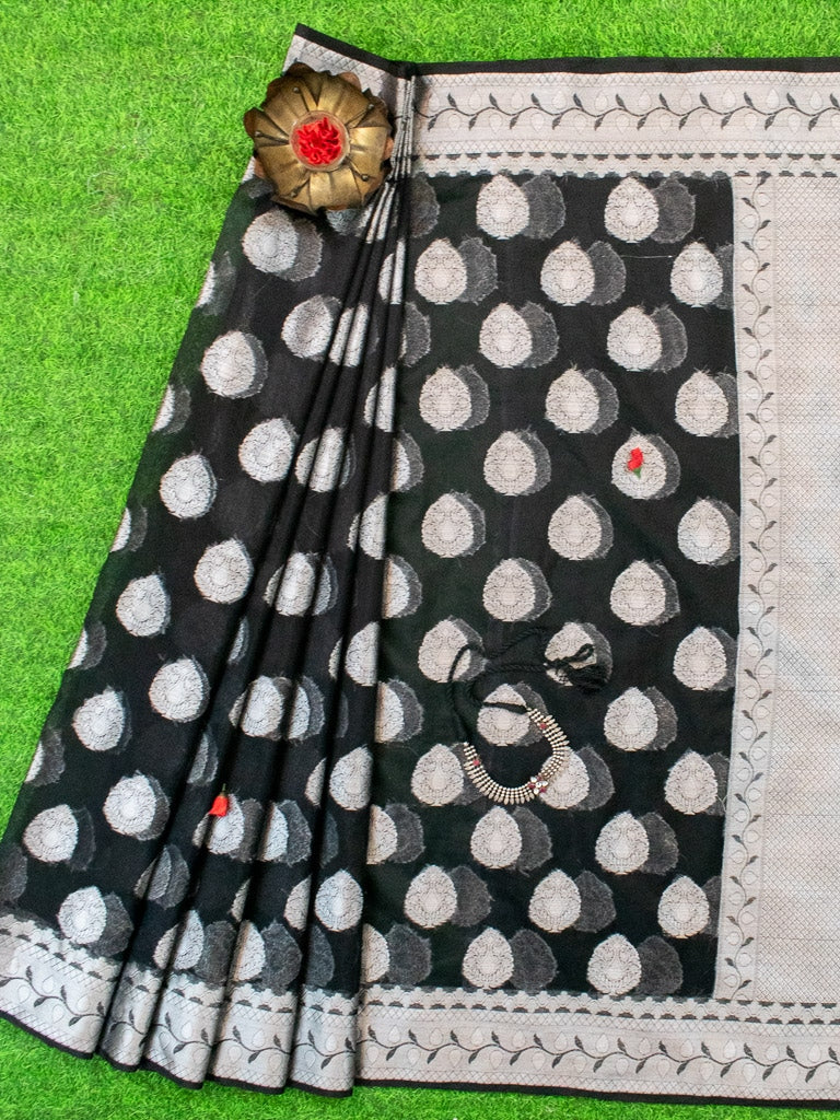 Banarasi Organza Mix Saree Silver Zari Weaving-Black