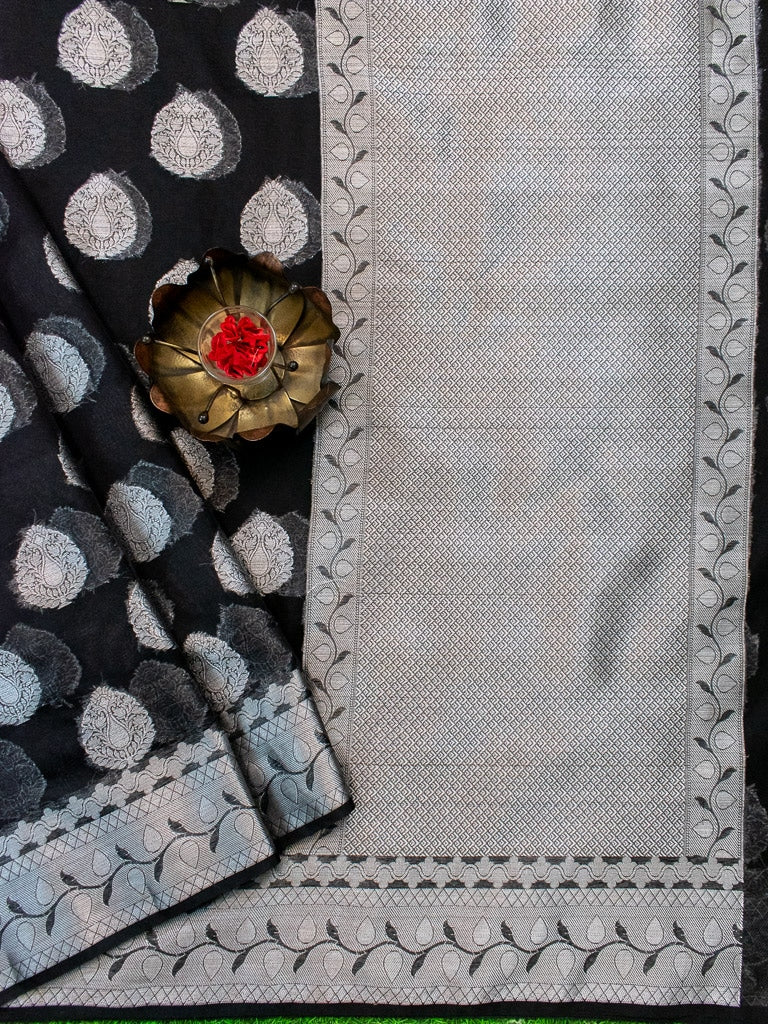 Banarasi Organza Mix Saree Silver Zari Weaving-Black